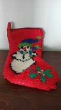 Vintage Christmas Stocking MCM Latch Hook Rug Snowman Holiday Completed 19" Long