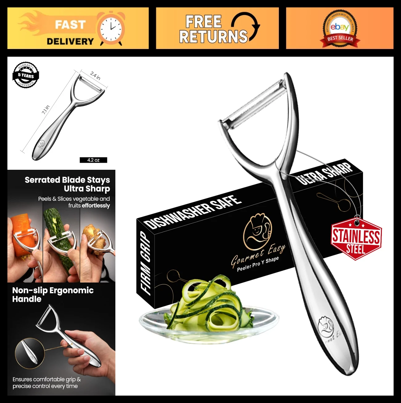 Premium Stainless Steel Vegetable Peeler - Ultra Sharp Y-Shaped Design, Ergonomi