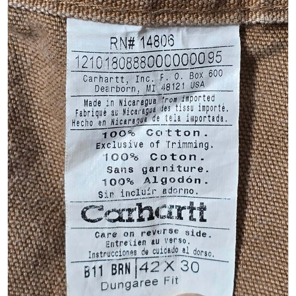 Carhartt Dungaree Fit Canvas Workwear Pants Size 42x30 (28) Brown B11 BRN - Image 2 of 4