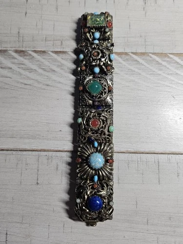 Vintage Costume Jewelry Bracelet With 6 Decorated Panels GORGEOUS!  4.2 OUNCES