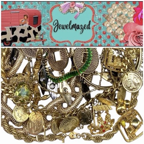 Mystery GOLD TONE Costume Jewelry Lot Vintage LB Wearable Necklace Chains +