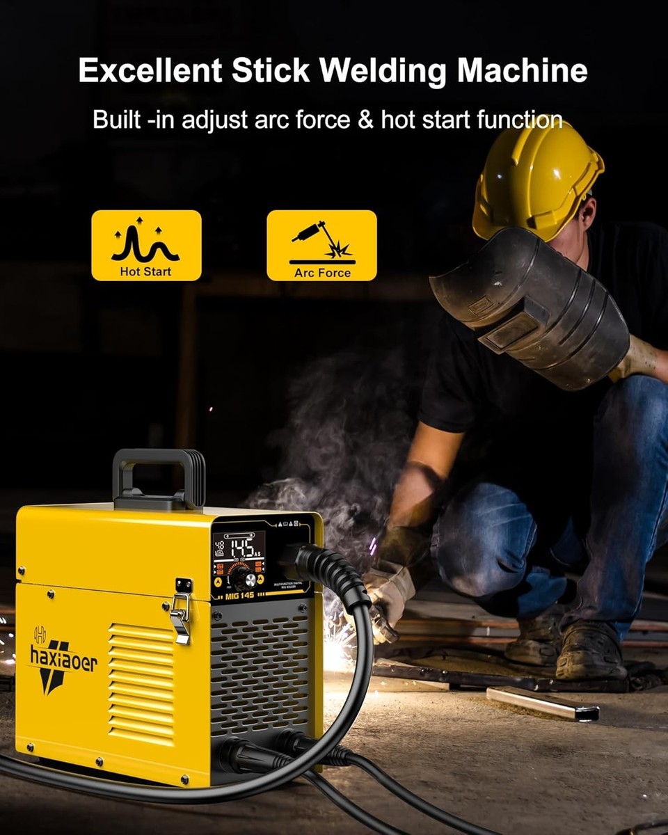 Saldatrice MIG 145A Haxiaoer 230V &ndash; Multifunzione MIG/MMA (Elettrodo) E TIG WP-17V &ndash; No Gas &ndash; Giallo Limone