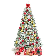 GOFLAME 7.5 FT Snow Flocked Hinged Christmas Tree, Classic Realistic Pine Tre...