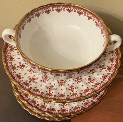 Spode Fleur de Lys Red 3 Sets Cream Soup Bowl Cup Saucer Gold Trim
