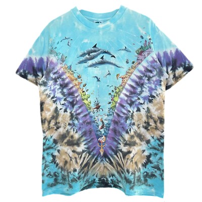 Vintage 90s Liquid Blue Ocean Dolphin Tie Dye Shirt Mens XL John Connell Art USA