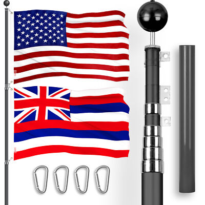 25 Ft Telescoping Flagpole Black & American and Hawaii Flags Emb 300D 3x5Ft