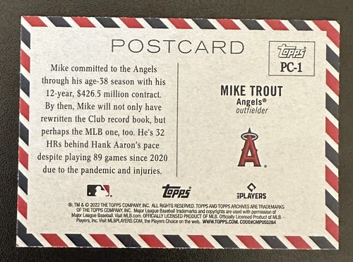 2022 Topps Archives MIKE TROUT Postcard Insert #PC-1 Angels - Picture 2 of 2