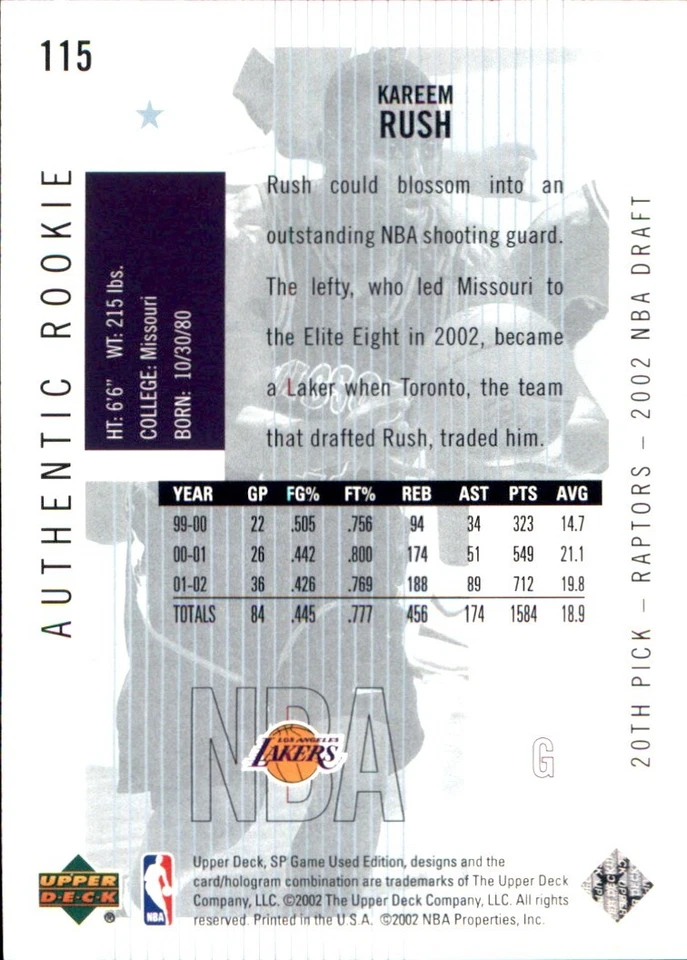 KAREEM RUSH RC SERIAL #63/900 LOS ANGELES LAKERS 2002-03🏀SP Game Used #115 - Image 2 of 2