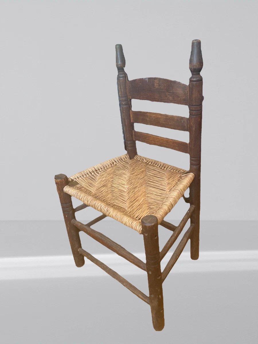 Indian Antique Rustic Hand Craft Ladder Back Wooden Chairs w Rush
