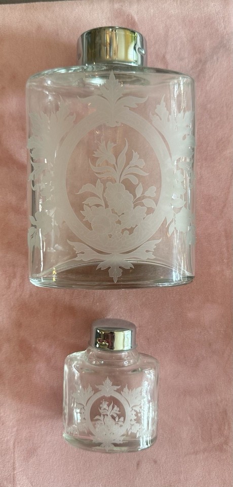 Vintage  Apothecary Bottle Jar  Frosted Etched Glass Metal Top Set 2