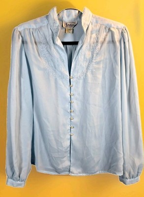 Vintage Baby Blue Womens Size 12 Embroidered Pearl Button Up Blouse Lightweight