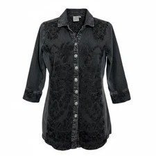 Parsley & Sage Women's Embroidered Blouse Shirt Black Goth Boho L 3/4 Sleeve