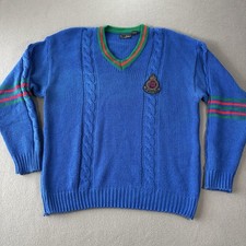 Vintage FOX Cable Knit Sweater Mens XL Blue V Neck Crest Preppy Retro Ivy League