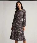 Ann Taylor Dark Floral Midi Long Sleeve Dress Womens S Belt Mature Classic 8700