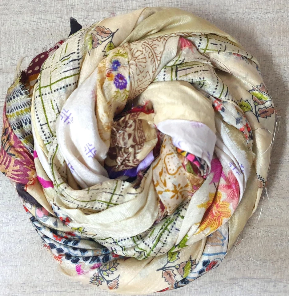 21 Yards Unstitched Sari Silk Yarn Ribbon Tassels SKEINS Beige Cream Journal Scr - Image 3 of 4