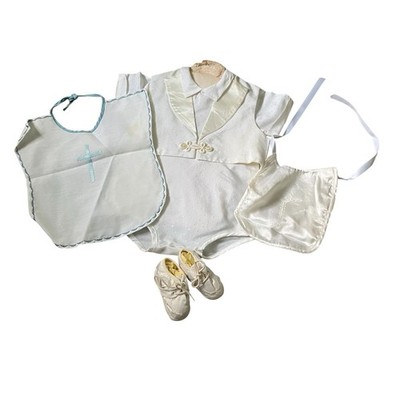 Christening Vintage Boys Six Month Outfit With Bibs And Shoes White 1980 s