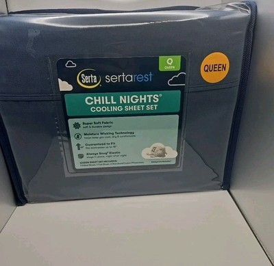 NIP Serta Chill Nights Dark Blue Queen 4 Pc Bed Sheet Set SertaRest Soft Cooling