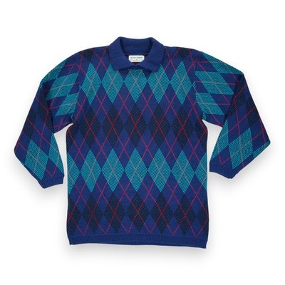 ALFRED DUNNER Vintage 80s knit Sweater Polo Men M Blue Argyle Diamond  Made USA