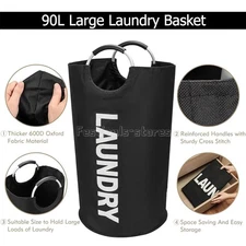 90L Large Laundry Basket Collapsible Laundry Bag Clothes Hamper Foldable Black