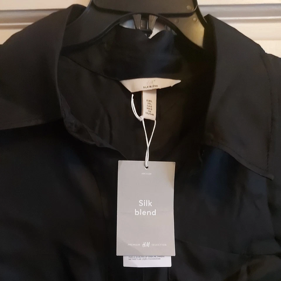 H&M Silk Blend Black BLOUSE Shirt Top Tunic UK L — 第 2/4 张图片
