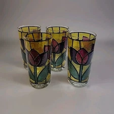 Vintage West Virginia Stained Glass Tulip Retro  Tumblers 5 3/4"  MCM  4x