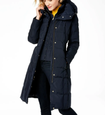 COLE HAAN Womens Navy Blue Down Full Zip Hooded Puffer Coat