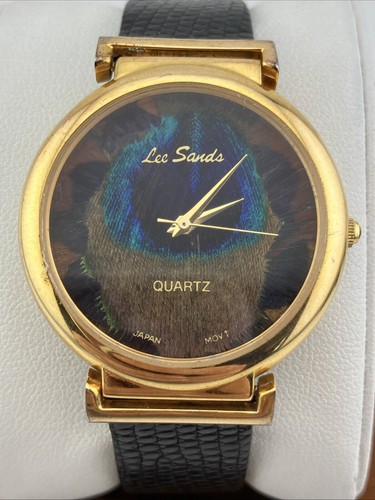 Vtg Lee Sands Ladies 35mm Watch Gold Tone Black Band Peacock Dial 6.5”-8”- RUNS - Picture 2 of 20