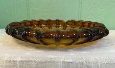 Vintage Amber Glass Ashtray Mid Century Modern Ribbed Edge 10"