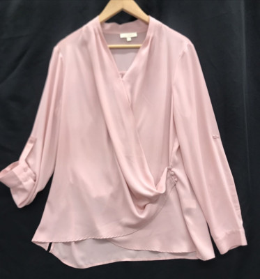 &. Layered Womens Blouse Size Large Rose Pink Wrap Front Roll Tab Sleeves