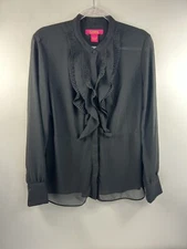 Catherine Blouse Women's Sz L Black Ruffled Front Long Sleeve Asymmetrical