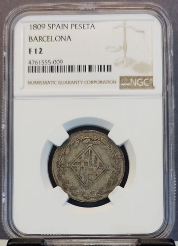 1809 SPAIN SILVER 1 PESETA BARCELONA LOZENGE SHIELD NGC F 12 VERY RARE