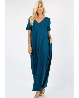 Short Sleeve V-Neck Neck Maxi T-Shirt Dress with Pockets in Teal