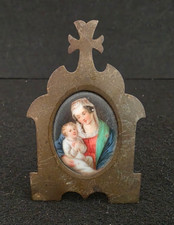 Quadretto Madonna con Bambino in Porcellana Smaltata Cornice Ottone del I 800