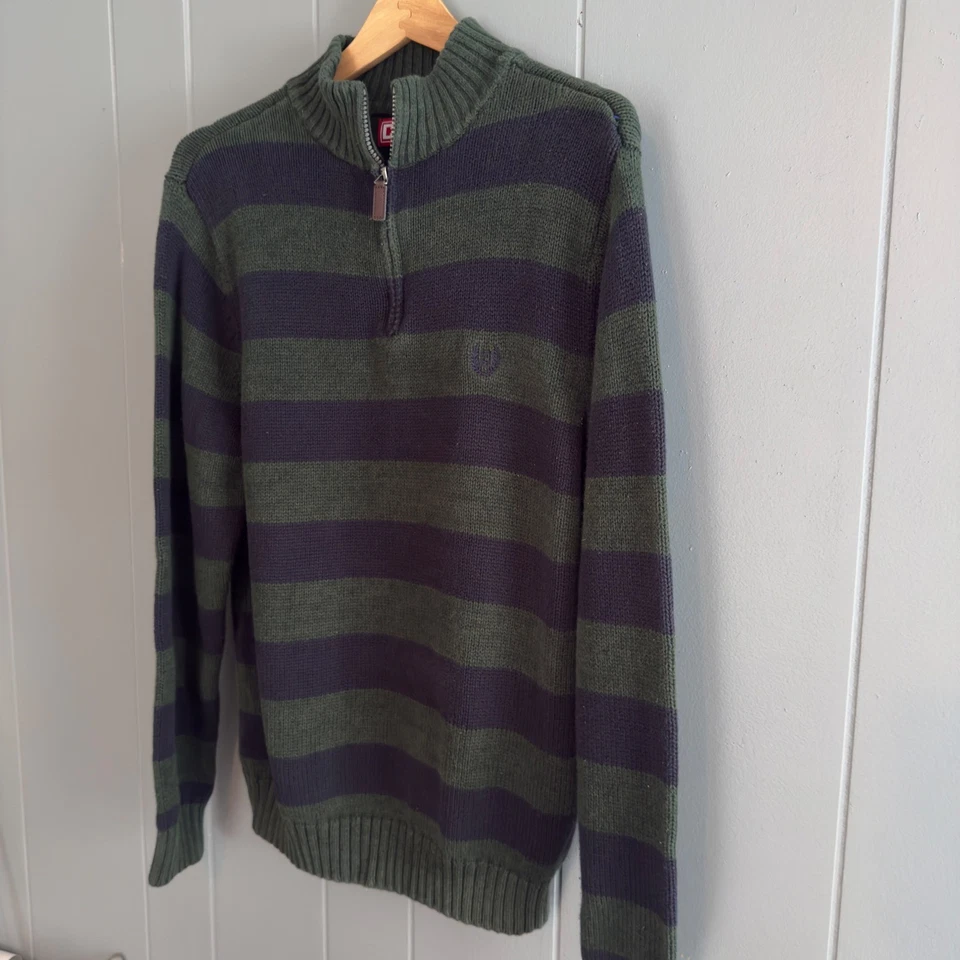 Rugby stripe 1/4 zip sweater mock neck S cotton Chaps green navy frat boy prep - Image 4 of 4