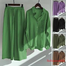 Women 2Pcs Cotton Linen Summer Blouse T Shirt Loose Pants Loungewear Outfit Set
