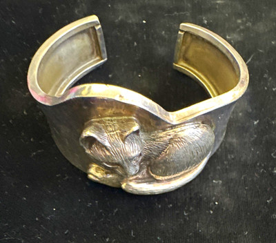Sterling Silver Cat Cuff Bracelet, No Stone, Silver Metal and stamped.