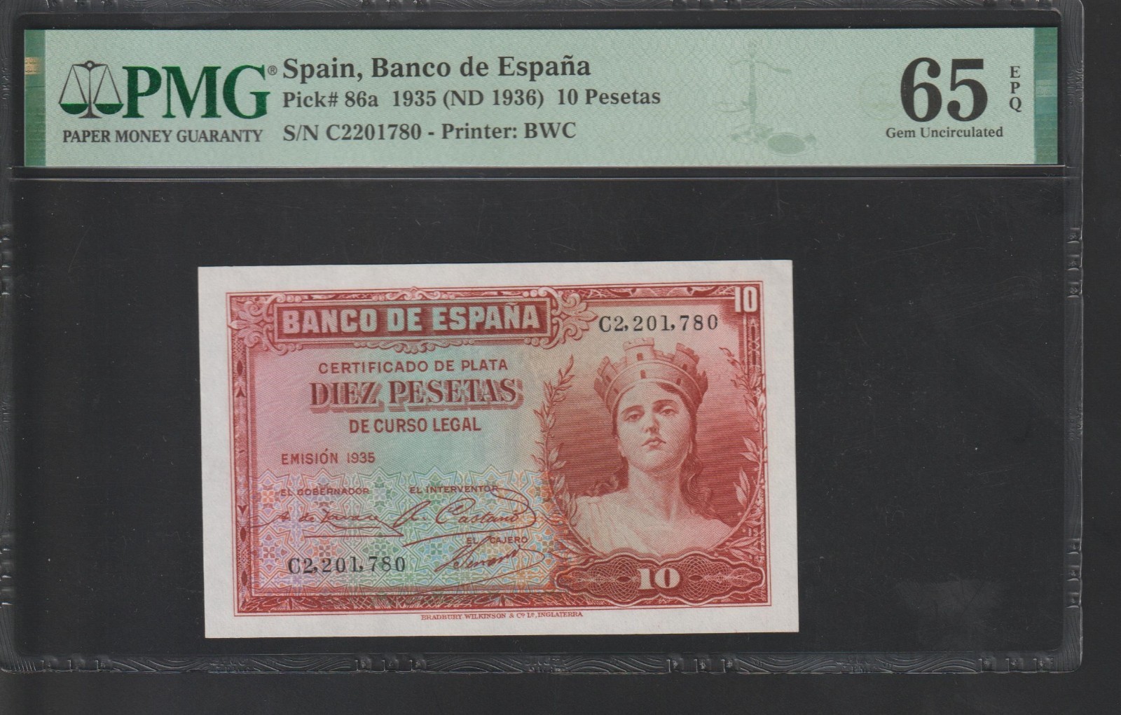 Billete España 10 Peseta 1935 PMG 65/2201780