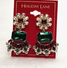 Holiday Lane Red Green Clear Rhinestones Gold-Tone Christmas Statement Earrings