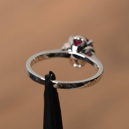 925 Sterling Silver Pink Ruby Ring Lab Created Gemstone Women Solitaire Ring - Picture 4 of 5