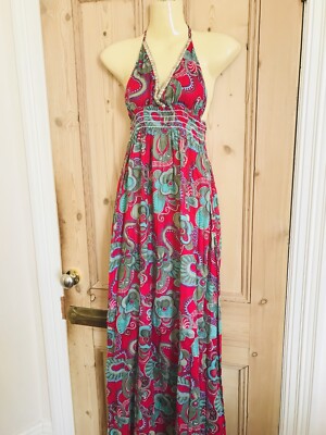 BNWT NEW LOOK SIZE 10 Retro Floral & Beading Red Beach Shirred Maxi Dress