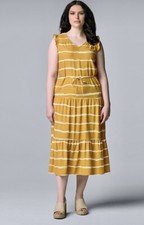 Simply Vera Vera Wang Women size Medium Tiered Midi Dress ~Gold Stripe