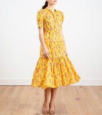 $545 ULLA JOHNSON Corrine Floral Striped Tiered Cotton Silk Midi Dress Sunflower