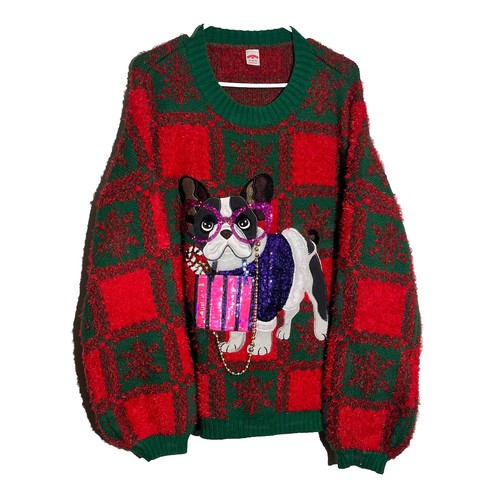 Holiday Christmas Sweater Plus Size Tag XL 16 18 Fits 2X Dog Frenchie