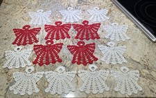 15 Crocheted Christmas Ornaments Doily Angels Red  White 5"x5" Homemade