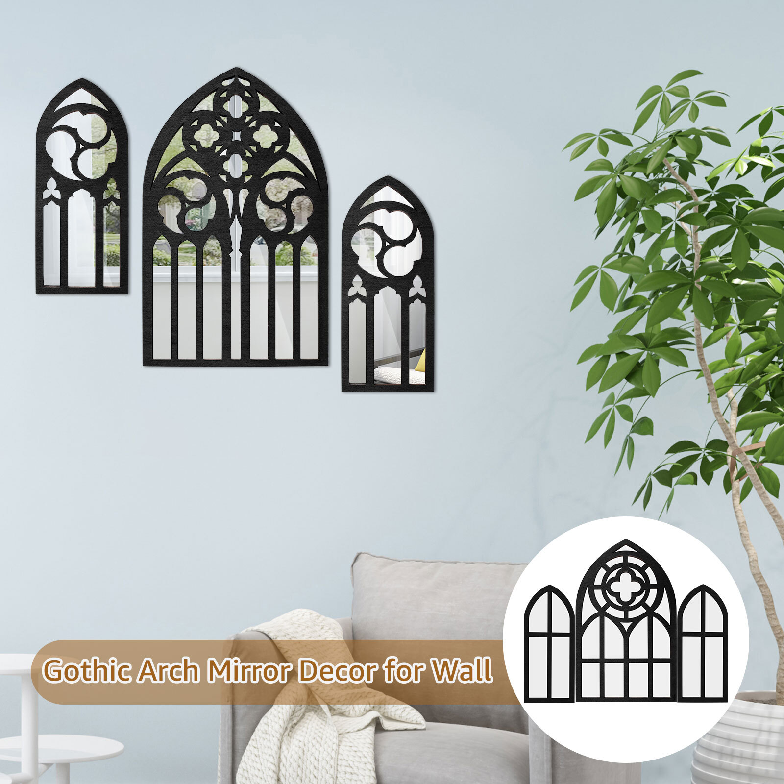 3Pcs Wall Arch Mirrors Set Gothic Wall Mirror Decor Cathedral Arched ...