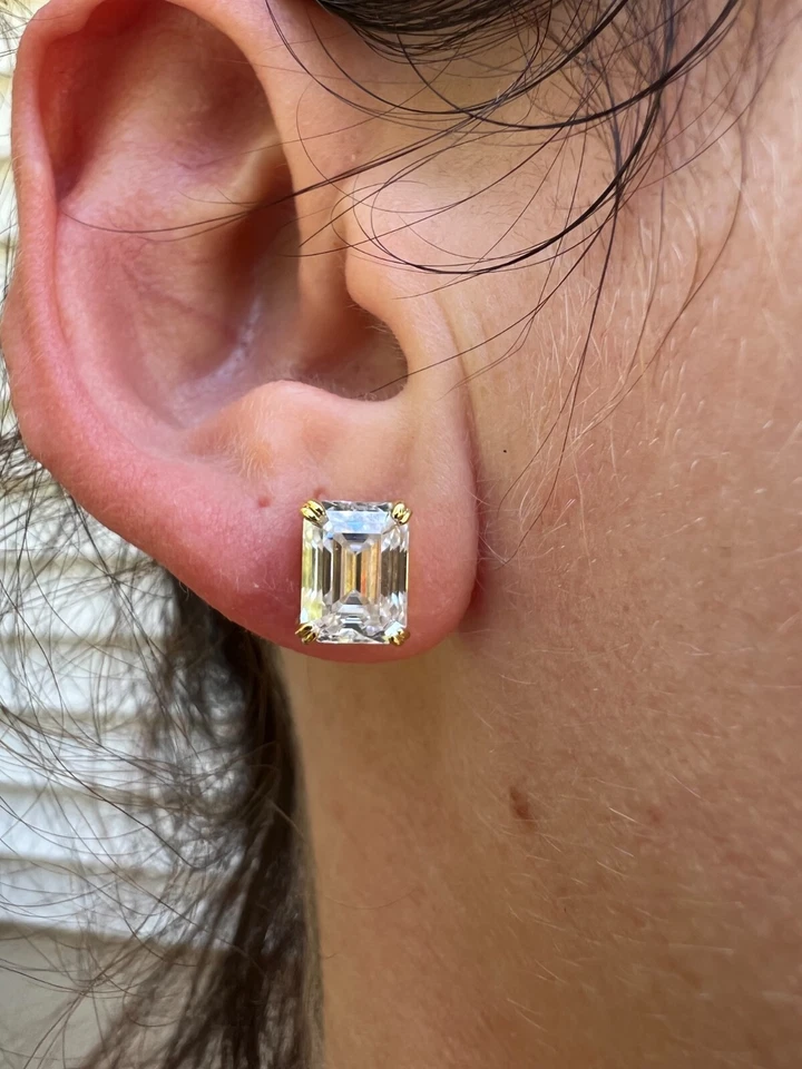 Emerald Cut Real Moissanite Solitaire Stud Earrings 14ct Gold Plated 925 Silver - Image 4 of 4