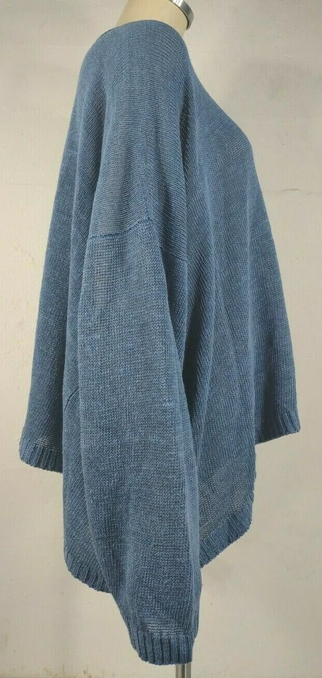 Eskandar Azul Mezcla Lino Gran Tamaño Drapeado Cuello Redondo Suéter Damas Grande L/XL Foto 3 de 4