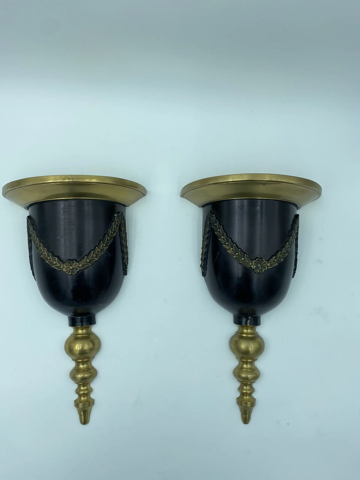 Cast Metal Ornate Classical Wall Shelves Black and Gold 14" - Pair