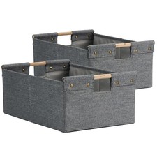 2pcs Storage Bins Cotton Linen Fabric Storage Boxes Basket With Wooden Handles F