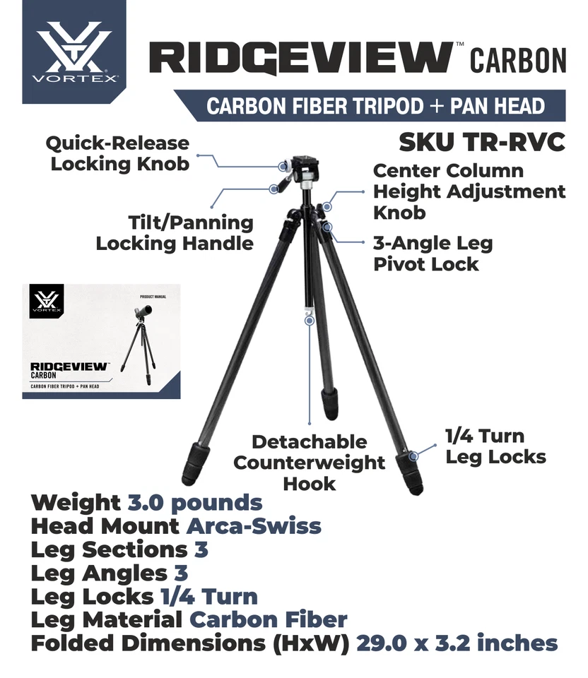Kit de trípode de carbono Vortex Optics Ridgeview con paquete de sombrero forestal camuflaje gratis Foto 4 de 4